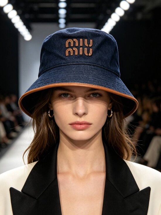 ✨Miu Miu Denim Bucket Hat Leather Belt Navy Miu Miu Denim Bucket Hat with Leather Trim | Navy main image 2